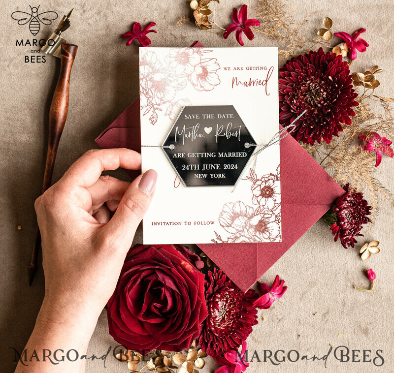 Burgundy Elegant Wedding: Personalised Save the Date Hexagon Magnet and Card with Acrylic Silver Heart-3
