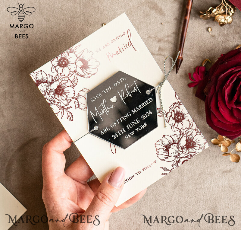 Personalised Burgundy Elegant Wedding Save the Date Hexagon Magnet and Card with Acrylic Silver Heart-4