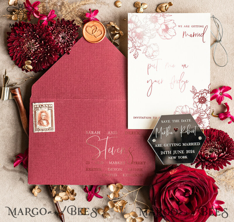 Burgundy Elegant Wedding: Personalised Save the Date Hexagon Magnet and Card with Acrylic Silver Heart-5