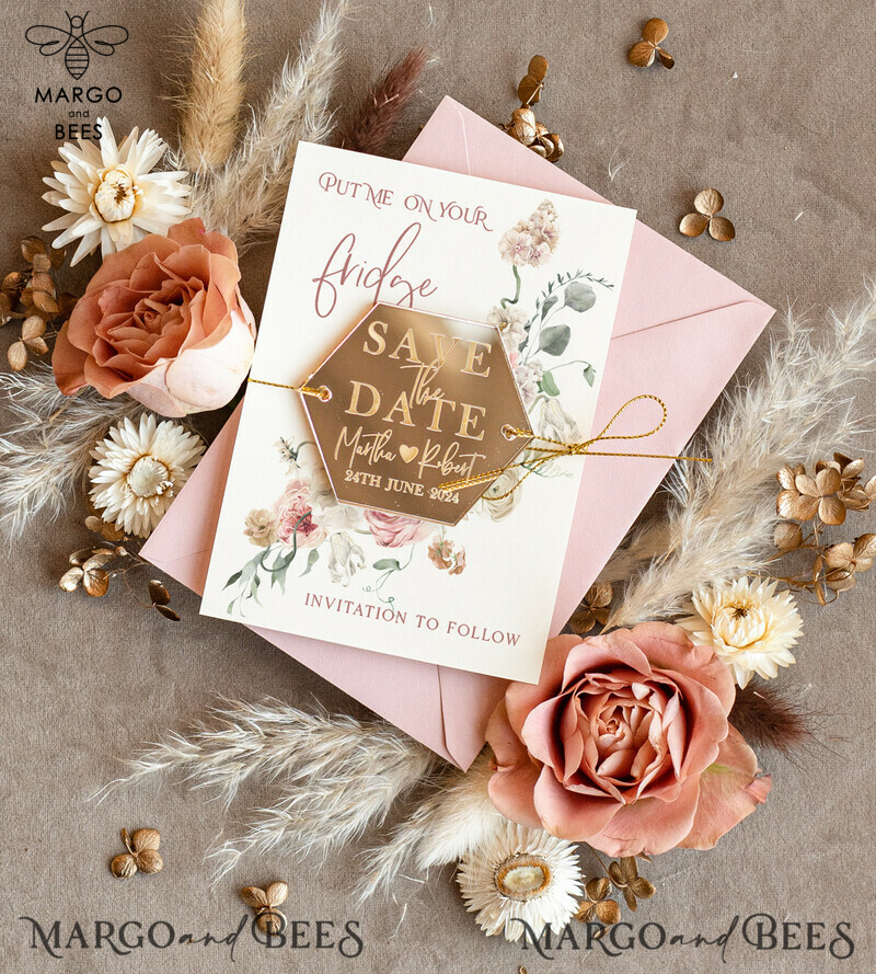 Elegant and Unique: Personalised Gold Acrylic Save the Date Magnet and Card for Your Wedding 
Add a Touch of Luxury: Gold Blush Pink Wedding Save The Dates Plexi Magnets 
Capture the Spirit of Your Special Day: Wedding Boho Save the Date Cards-2