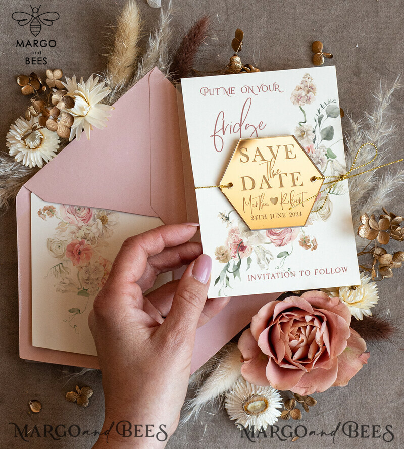 Elegant and Unique: Personalised Gold Acrylic Save the Date Magnet and Card for Your Wedding 
Add a Touch of Luxury: Gold Blush Pink Wedding Save The Dates Plexi Magnets 
Capture the Spirit of Your Special Day: Wedding Boho Save the Date Cards-5