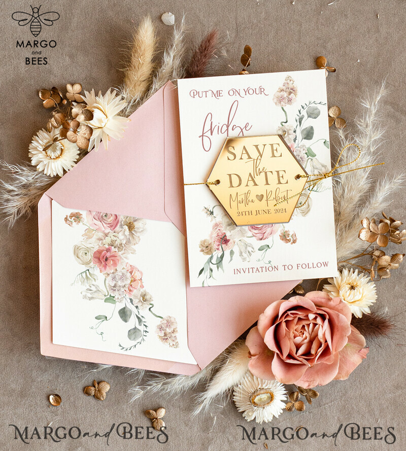 Elegant and Unique: Personalised Gold Acrylic Save the Date Magnet and Card for Your Wedding 
Add a Touch of Luxury: Gold Blush Pink Wedding Save The Dates Plexi Magnets 
Capture the Spirit of Your Special Day: Wedding Boho Save the Date Cards-0