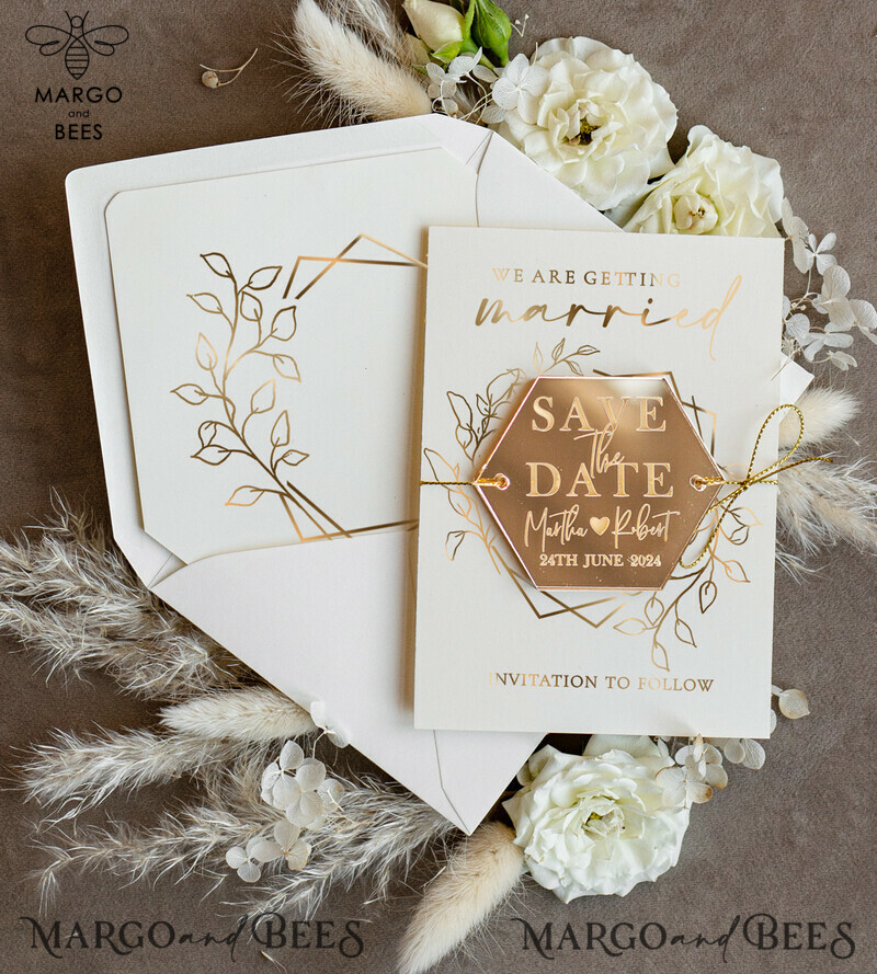Personalised Gold Acrylic Hexagon Save the Date Magnet and Card: Elegant Ivory Wedding Save The Dates Plexi Magnets with Boho Save the Date Cards-2