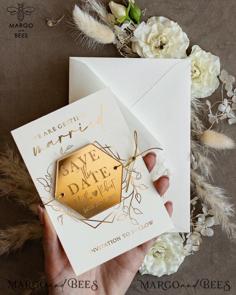 Personalised Gold Acrylic Hexagon Save the Date Magnet and Card: Elegant Ivory Wedding Save The Dates Plexi Magnets with Boho Save the Date Cards-3