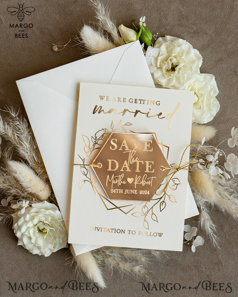 Personalised Gold Acrylic Hexagon Save the Date Magnet and Card: Elegant Ivory Wedding Save The Dates Plexi Magnets with Boho Save the Date Cards-0