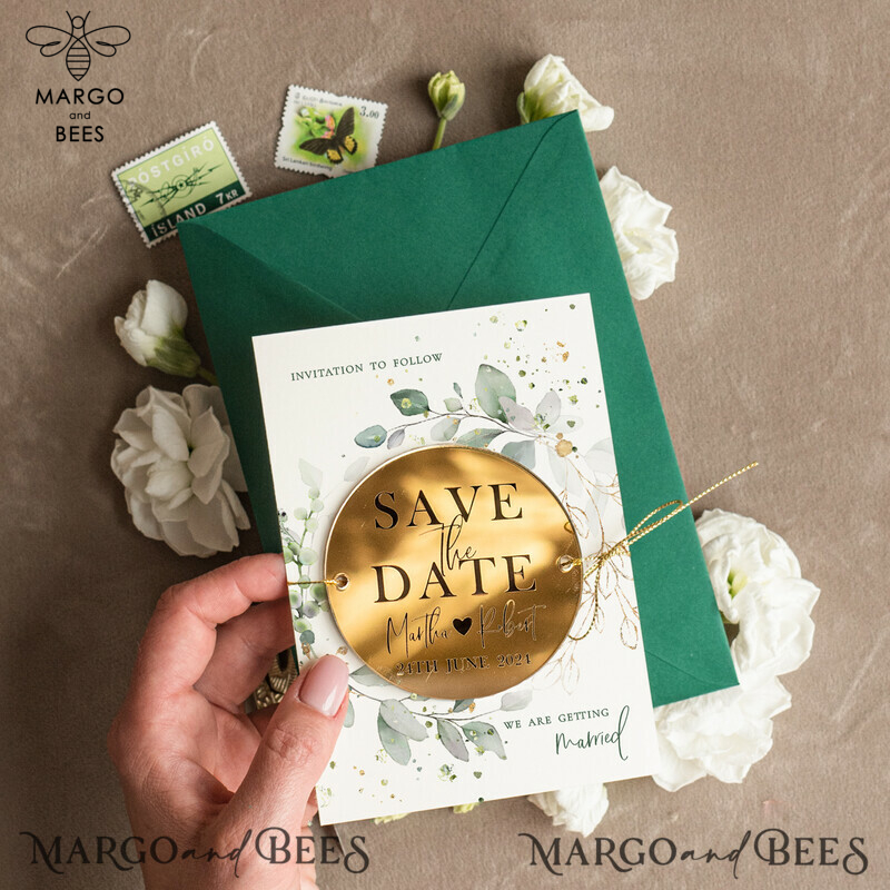Luxury Green and Gold Save the Date Acrylic Magnet and Card with Dark Green Envelope-1