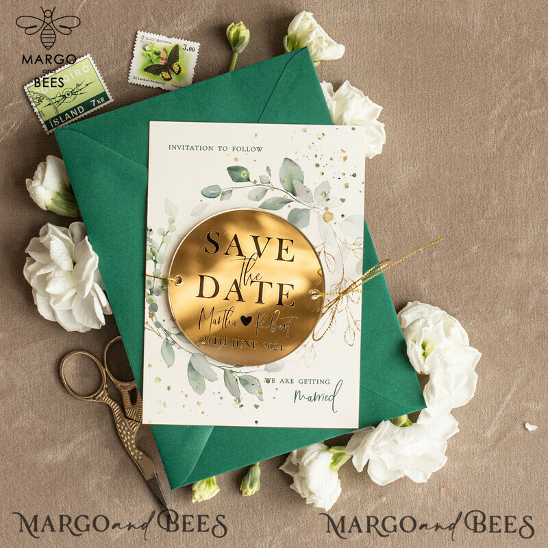 Luxury Green and Gold Save the Date Acrylic Magnet and Card with Dark Green Envelope-2