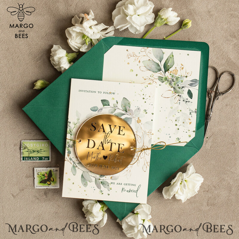 Luxury Green and Gold Save the Date Acrylic Magnet and Card with Dark Green Envelope-0