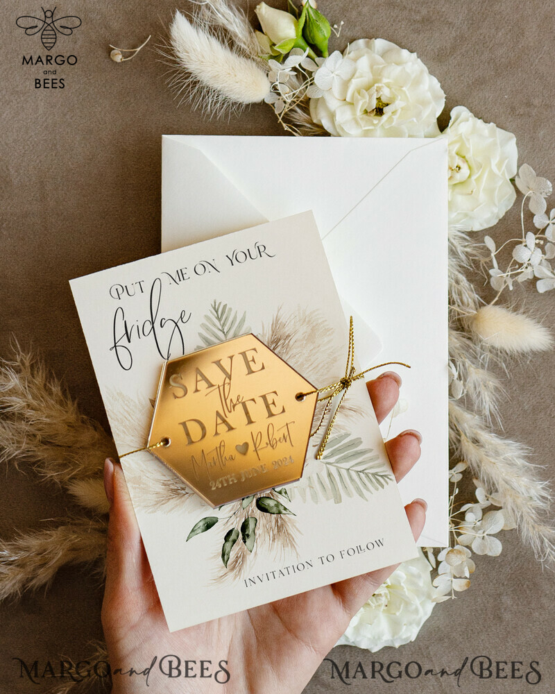 Personalised Gold Acrylic Hexagon Save the Date Magnet and Card: Ivory Wedding Save The Dates Plexi Magnets with Boho Save the Date Cards-4