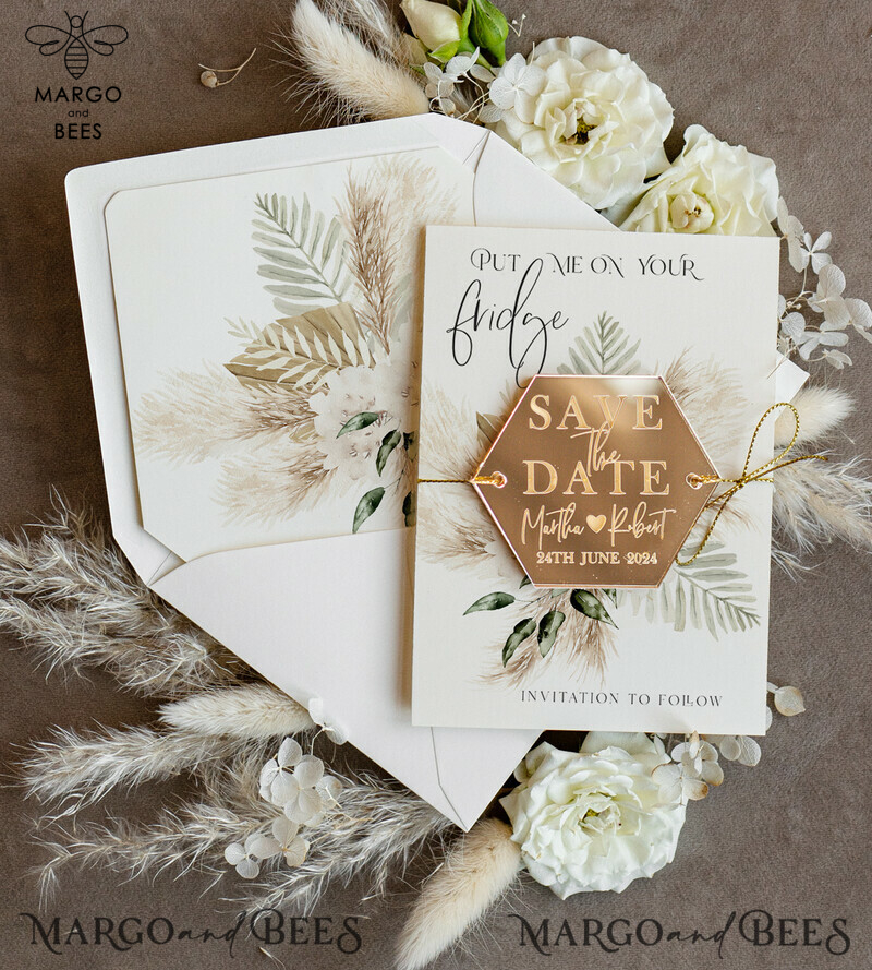 Personalised Gold Acrylic Hexagon Save the Date Magnet and Card: Ivory Wedding Save The Dates Plexi Magnets with Boho Save the Date Cards-0