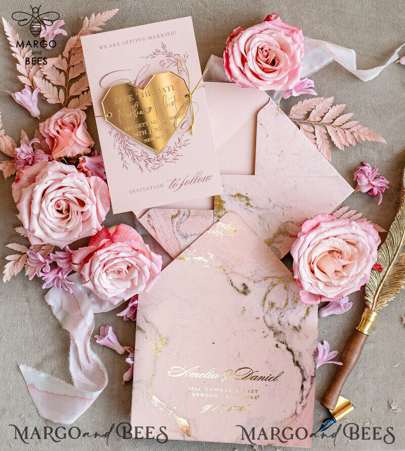 Luxury Gold Heart Acrylic Magnet Save the Date Card: Blush Pink and Gold Elegant Wedding Save The Dates-0