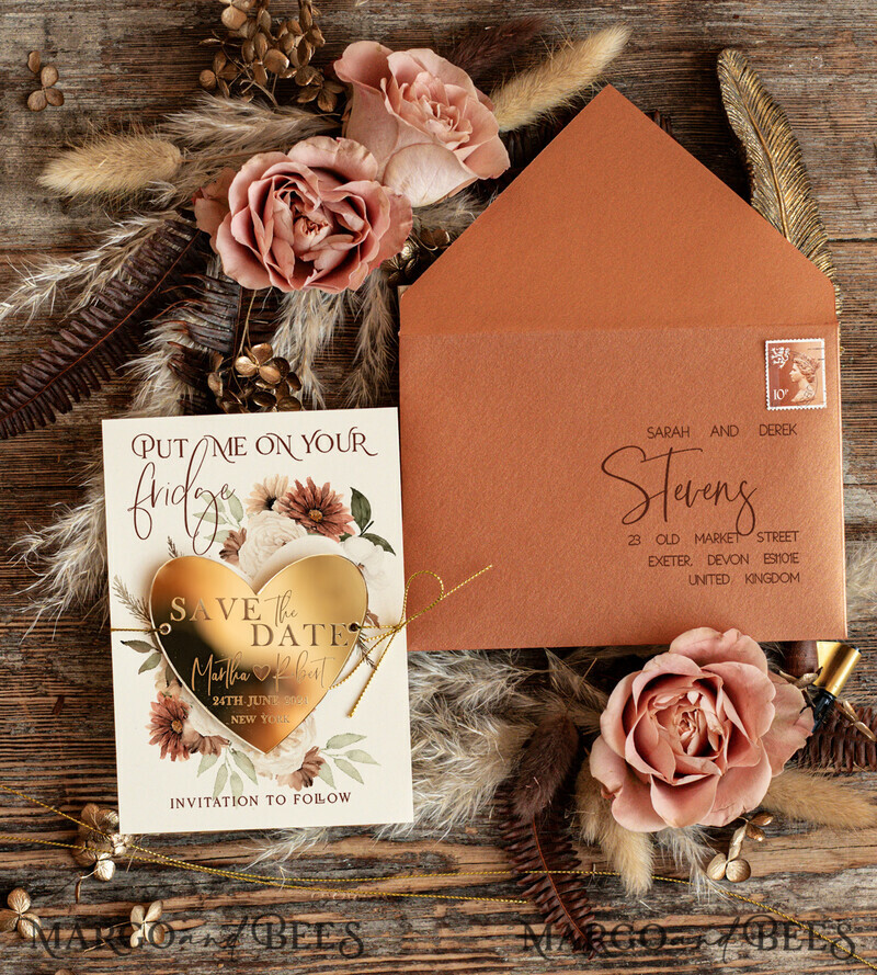 Elegant Gold Terracotta Boho Save the Date: Personalised Acrylic Heart Magnet and Card-2