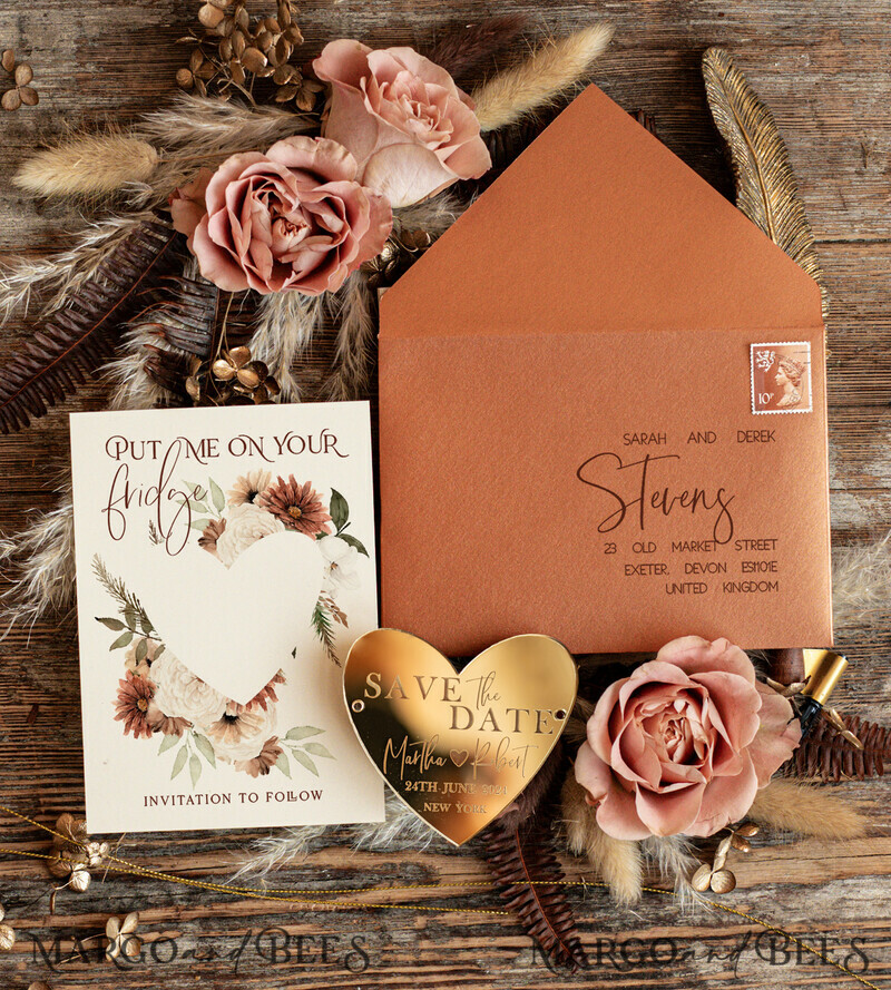 Elegant Gold Terracotta Boho Save the Date: Personalised Acrylic Heart Magnet and Card-3
