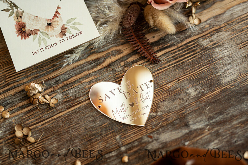 Elegant Gold Terracotta Boho Save the Date: Personalised Acrylic Heart Magnet and Card-5
