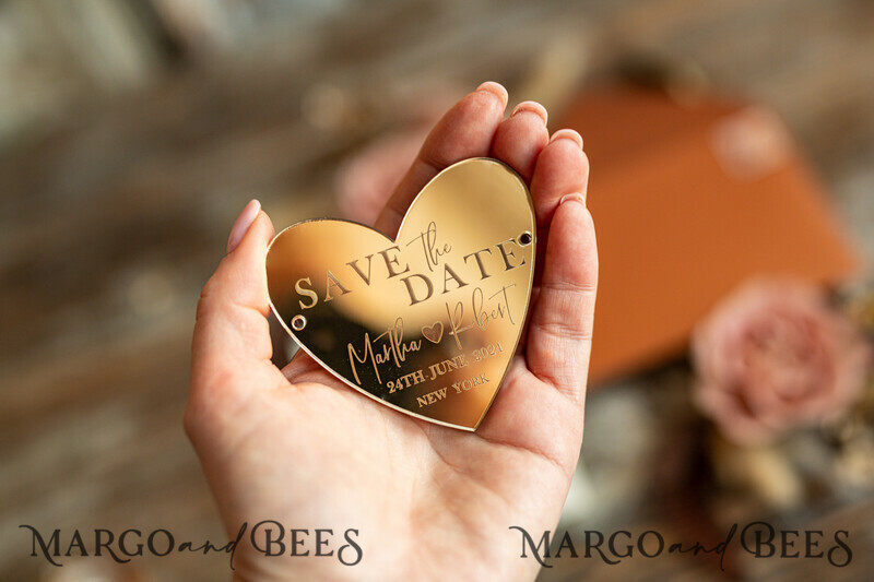 Elegant Gold Terracotta Boho Save the Date: Personalised Acrylic Heart Magnet and Card-6