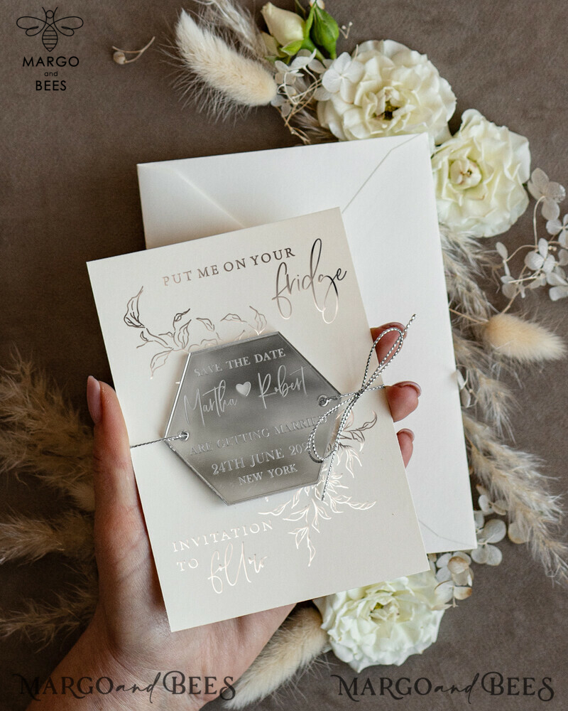 Luxury Silver Acrylic Hexagon Save the Date Magnet and Card: Perfect for Weddings!-6