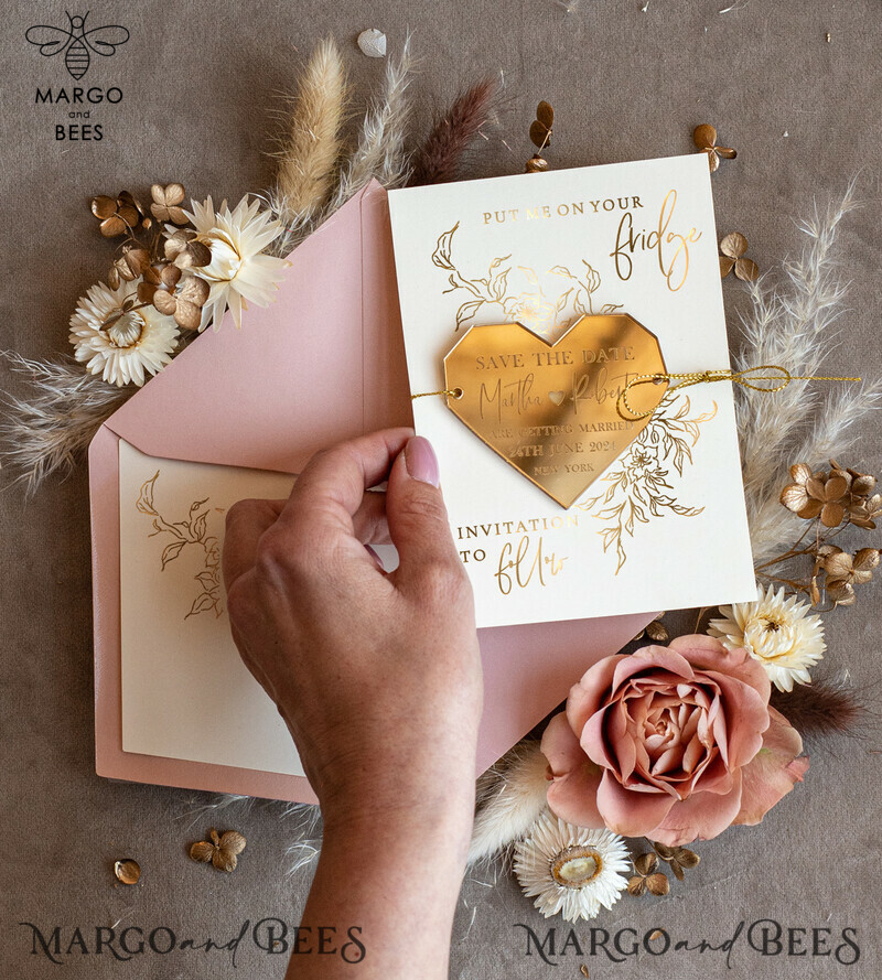 Custom Gold Acrylic Heart Save the Date Magnet and Card: Perfect for Blush Pink Wedding and Boho Save the Date Cards-4