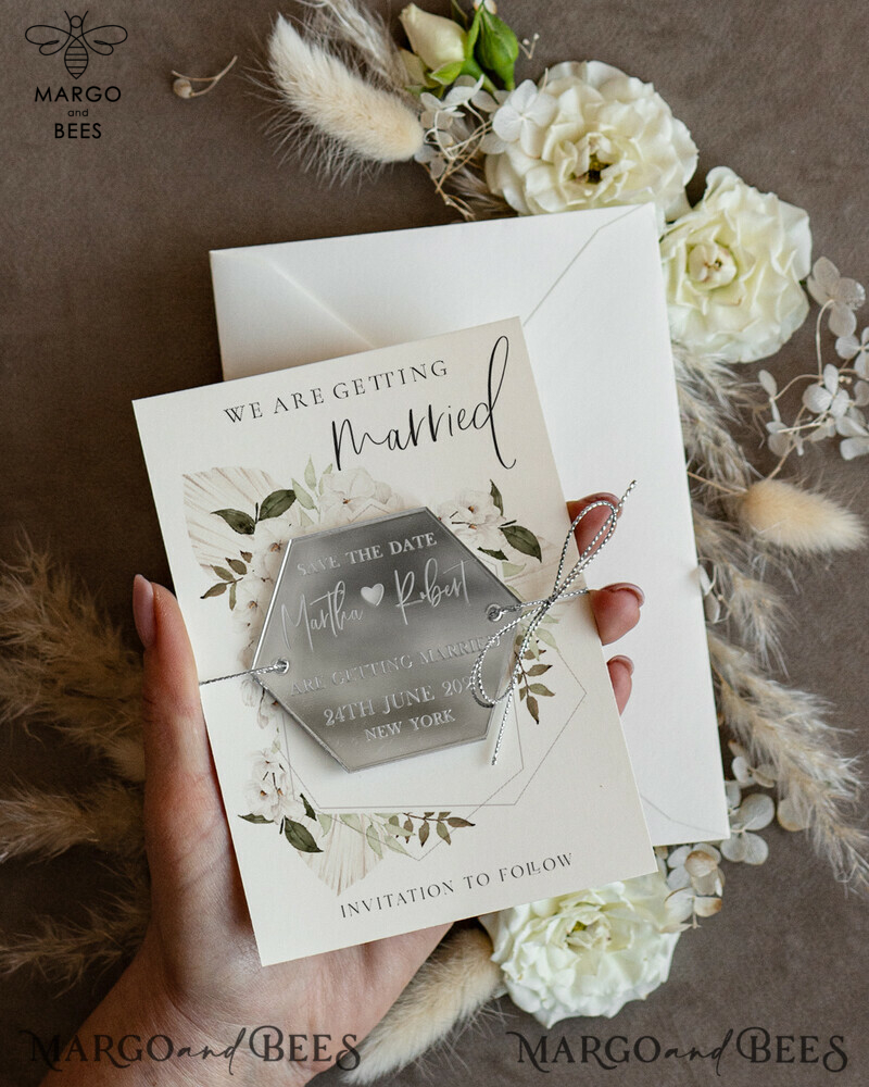 Personalised Silver Acrylic Hexagon Save the Date Magnet and Card: Perfect Wedding Save the Dates with Plexi Magnets and Boho Save the Date Cards-4