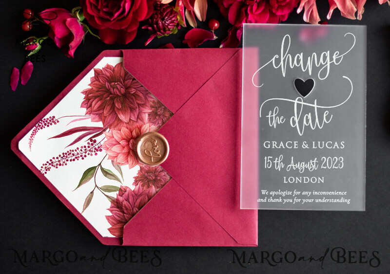 Luxury Wedding Save the Date: Personalized Plexi Satin with Maroon Envelope-0