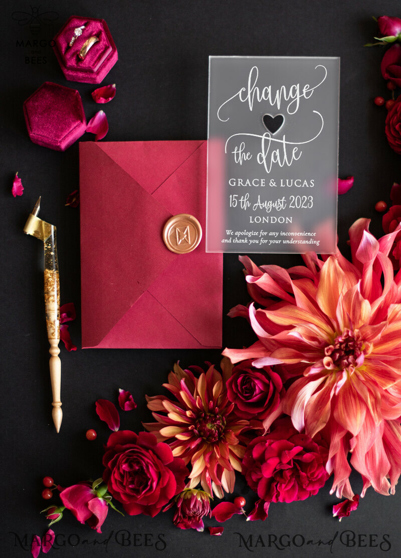 Luxury Wedding Save the Date: Personalized Plexi Satin with Maroon Envelope-2