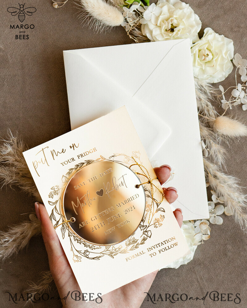 Custom Gold Acrylic Circle Save the Date Magnet and Card: Elegant Ivory Wedding Save The Dates with Plexi Magnets, Perfect for Boho Wedding Invitations-1