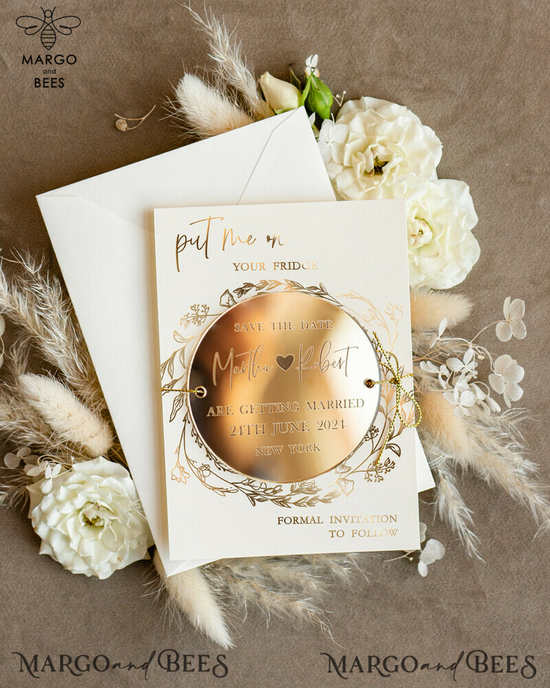 Custom Gold Acrylic Circle Save the Date Magnet and Card: Elegant Ivory Wedding Save The Dates with Plexi Magnets, Perfect for Boho Wedding Invitations-2