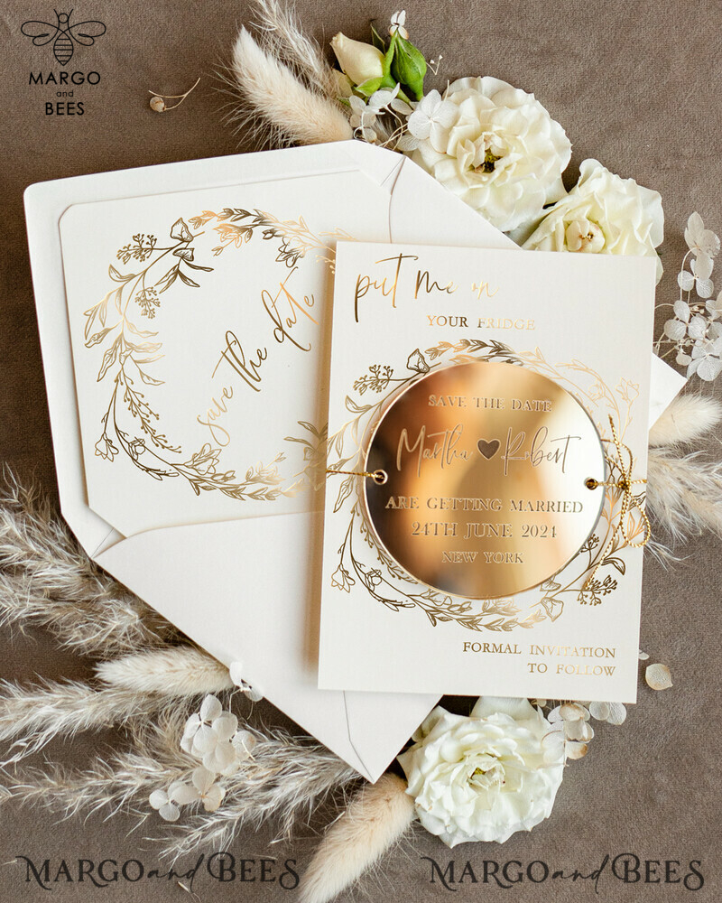 Custom Gold Acrylic Circle Save the Date Magnet and Card: Elegant Ivory Wedding Save The Dates with Plexi Magnets, Perfect for Boho Wedding Invitations-0