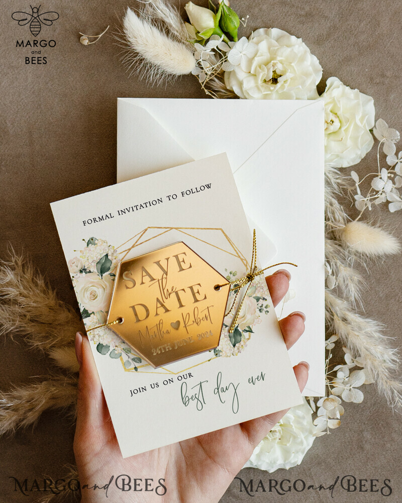 Elegant Gold Personalised Save the Date Hexagon Magnet and Card: Acrylic Golden Magnets for Wedding-1