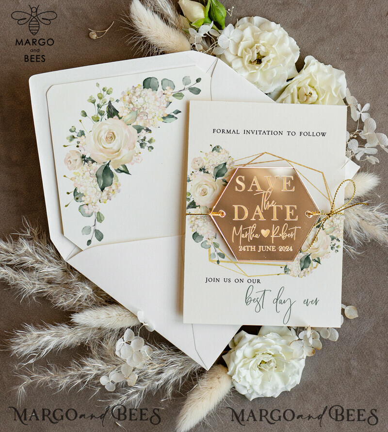 Elegant Gold Personalised Save the Date Hexagon Magnet and Card: Acrylic Golden Magnets for Wedding-0