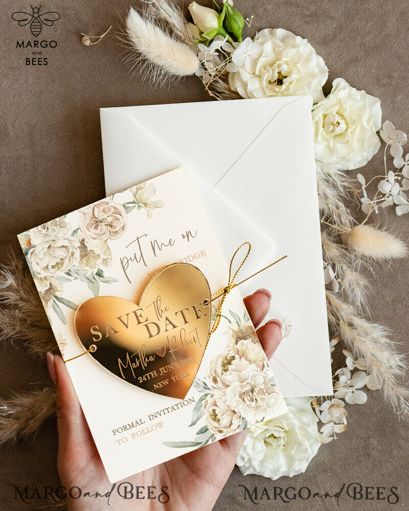 Elegant Personalised Gold Acrylic Heart Save the Date Magnet and Card for Ivory Wedding: Plexi Magnets and Boho Save the Date Cards-1