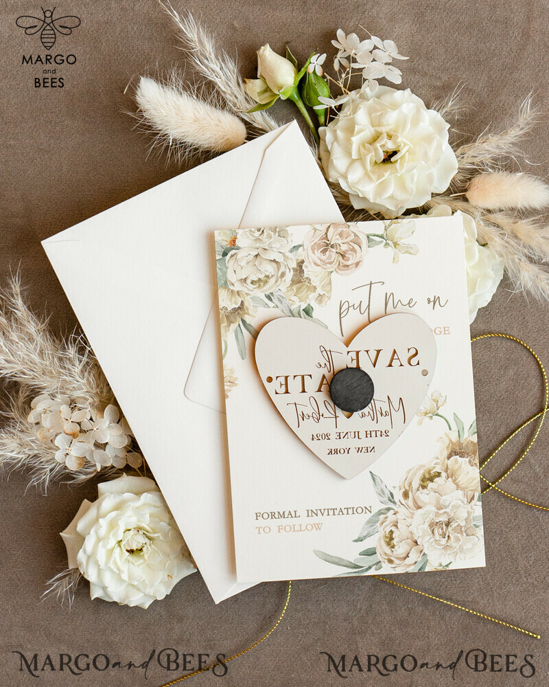 Elegant Personalised Gold Acrylic Heart Save the Date Magnet and Card for Ivory Wedding: Plexi Magnets and Boho Save the Date Cards-4