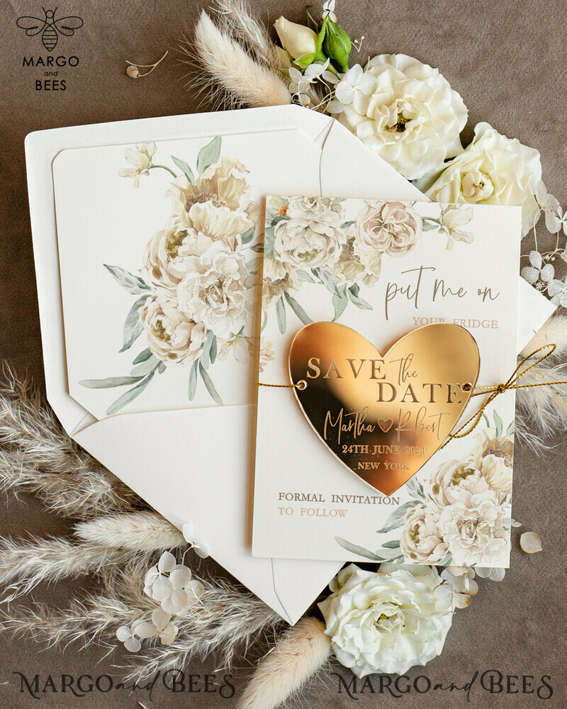 Elegant Personalised Gold Acrylic Heart Save the Date Magnet and Card for Ivory Wedding: Plexi Magnets and Boho Save the Date Cards-0