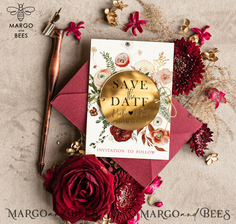 Stunning Boho Wedding Save The Dates: Personalised Maroon Circle Magnet and Card with Acrylic Golden Mirror Magnet-1