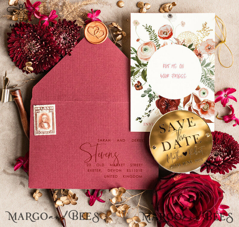 Stunning Boho Wedding Save The Dates: Personalised Maroon Circle Magnet and Card with Acrylic Golden Mirror Magnet-2