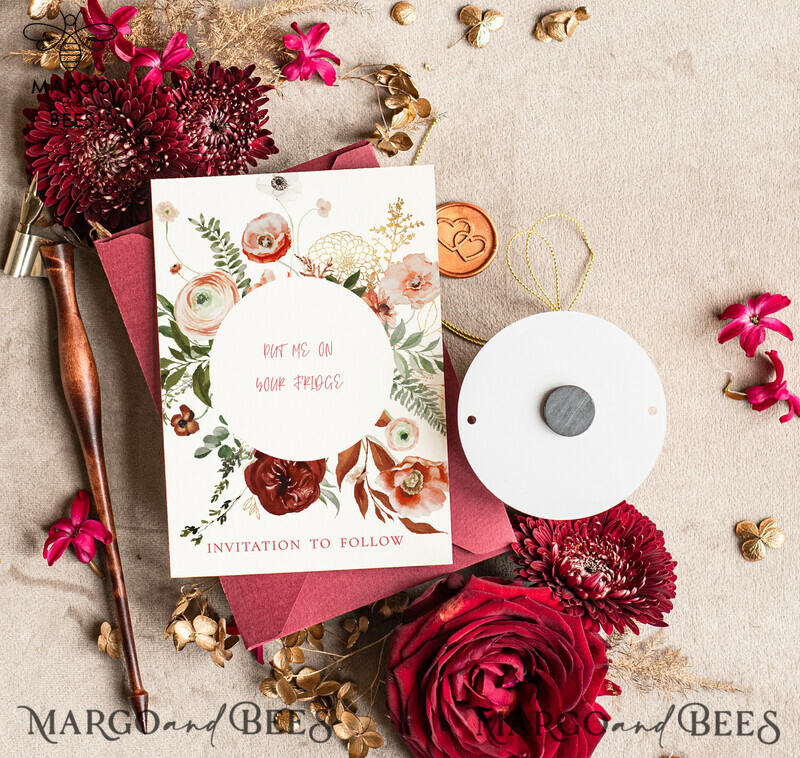 Stunning Boho Wedding Save The Dates: Personalised Maroon Circle Magnet and Card with Acrylic Golden Mirror Magnet-3