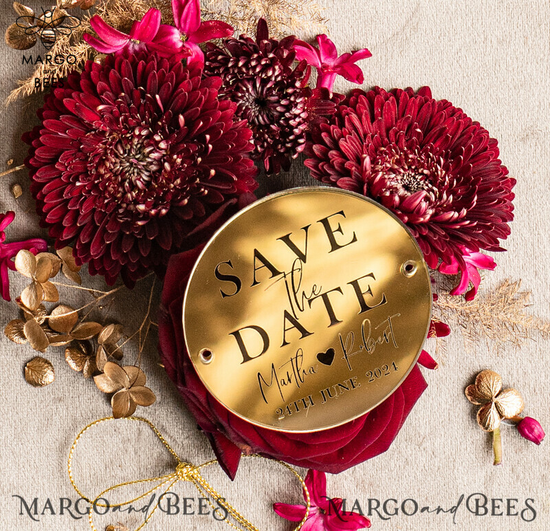 Stunning Boho Wedding Save The Dates: Personalised Maroon Circle Magnet and Card with Acrylic Golden Mirror Magnet-5