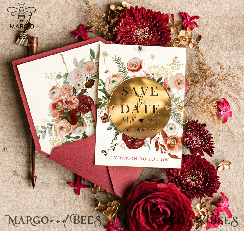 Stunning Boho Wedding Save The Dates: Personalised Maroon Circle Magnet and Card with Acrylic Golden Mirror Magnet-0