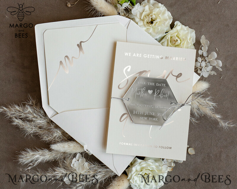 Luxury Silver Acrylic Hexagon Save the Date Magnet and Card: Perfect for Wedding Save the Dates with a Touch of Elegance and Boho Vibes-3