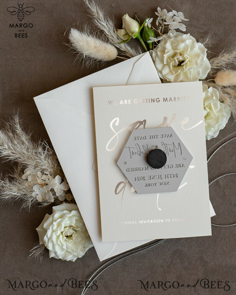 Luxury Silver Acrylic Hexagon Save the Date Magnet and Card: Perfect for Wedding Save the Dates with a Touch of Elegance and Boho Vibes-4