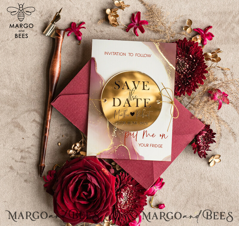 Elegant and Unique: Personalised Maroon Save the Date Circle Magnet and Card with Marble Wedding Acrylic Golden Mirror Magnet-1