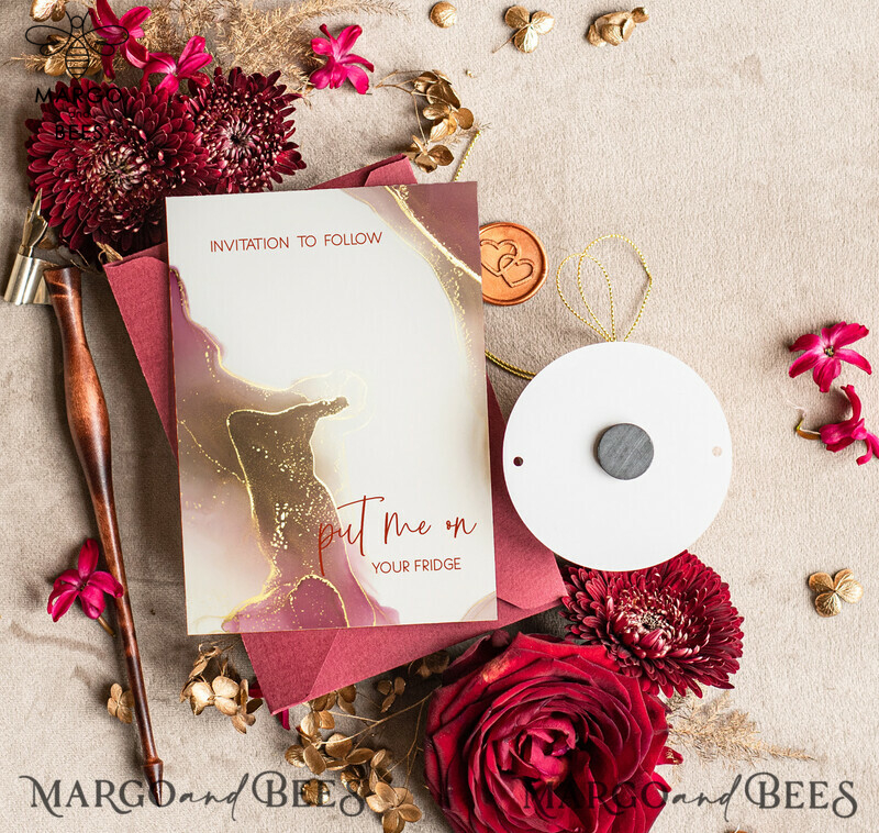 Elegant and Unique: Personalised Maroon Save the Date Circle Magnet and Card with Marble Wedding Acrylic Golden Mirror Magnet-4