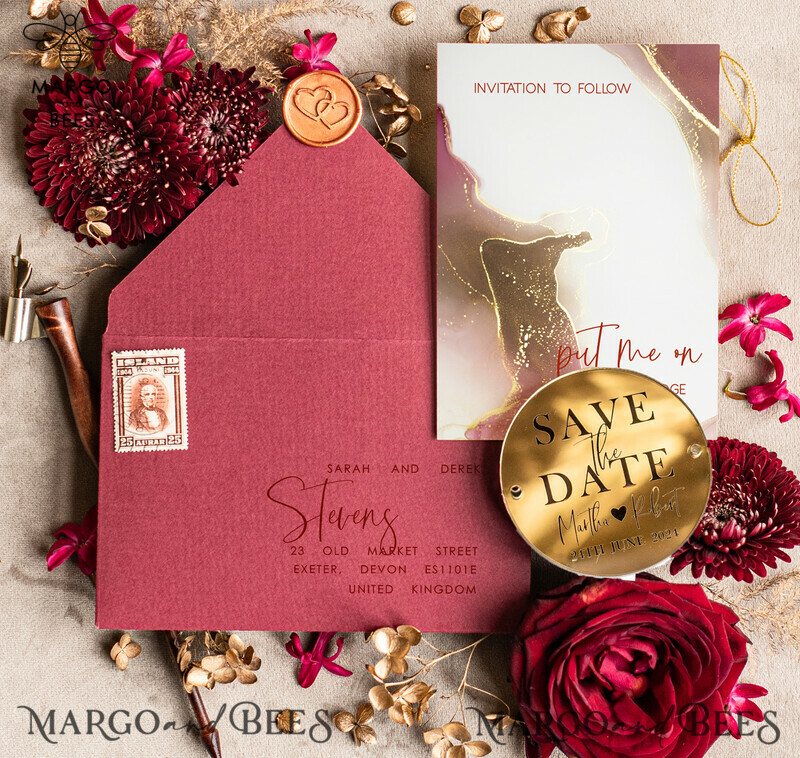 Elegant and Unique: Personalised Maroon Save the Date Circle Magnet and Card with Marble Wedding Acrylic Golden Mirror Magnet-5