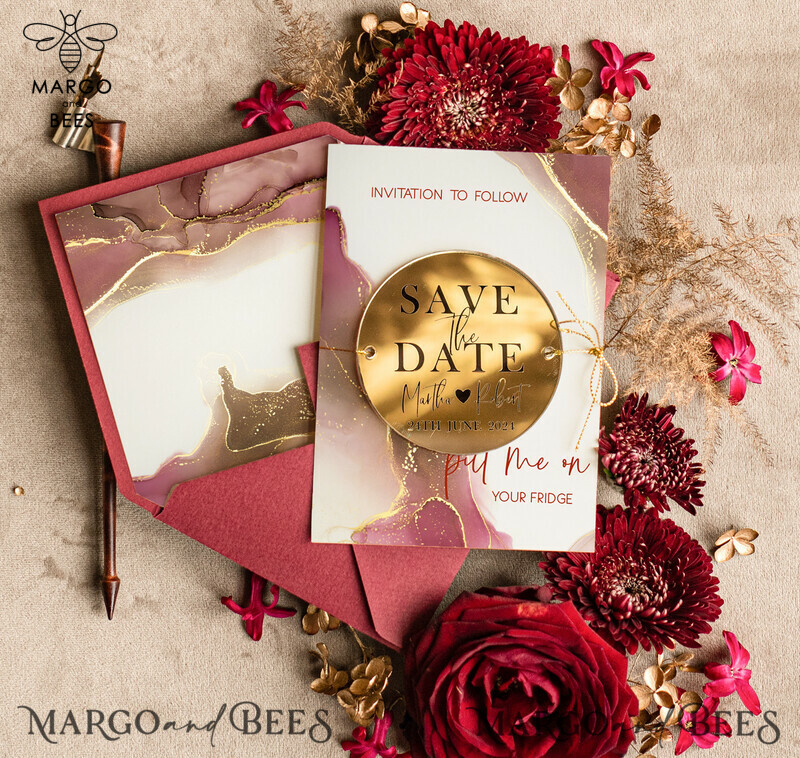 Elegant and Unique: Personalised Maroon Save the Date Circle Magnet and Card with Marble Wedding Acrylic Golden Mirror Magnet-0