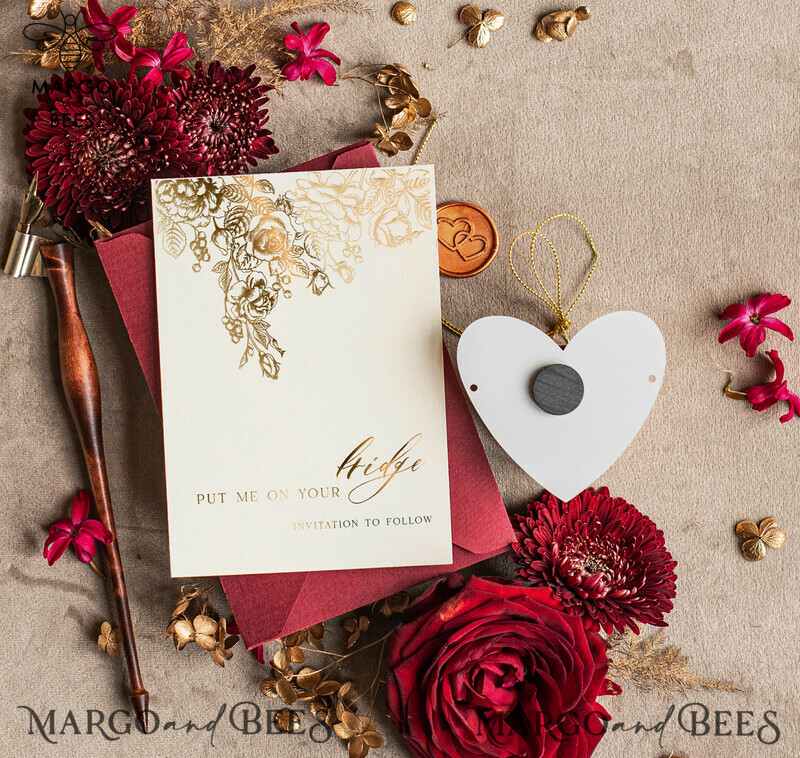 Personalised Gold Burgundy Elegant Wedding Save The Date Acrylic Heart Magnet and Card-2