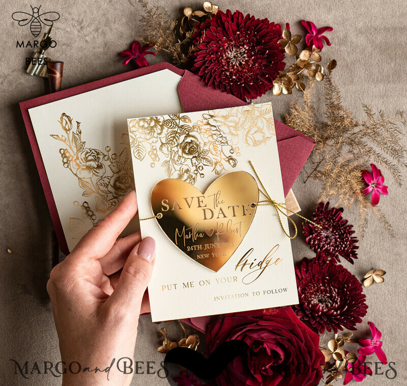 Personalised Gold Burgundy Elegant Wedding Save The Date Acrylic Heart Magnet and Card-4