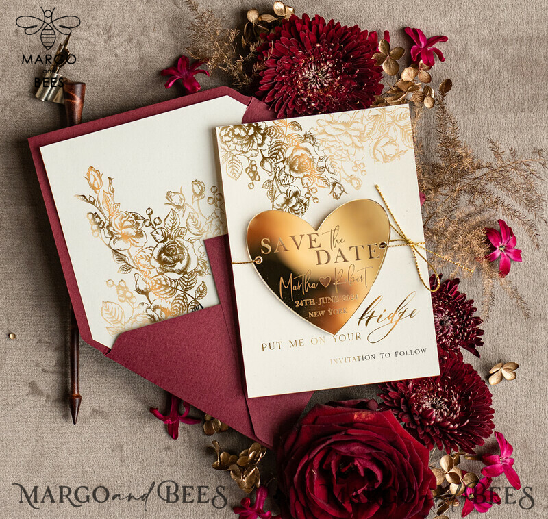 Personalised Gold Burgundy Elegant Wedding Save The Date Acrylic Heart Magnet and Card-0