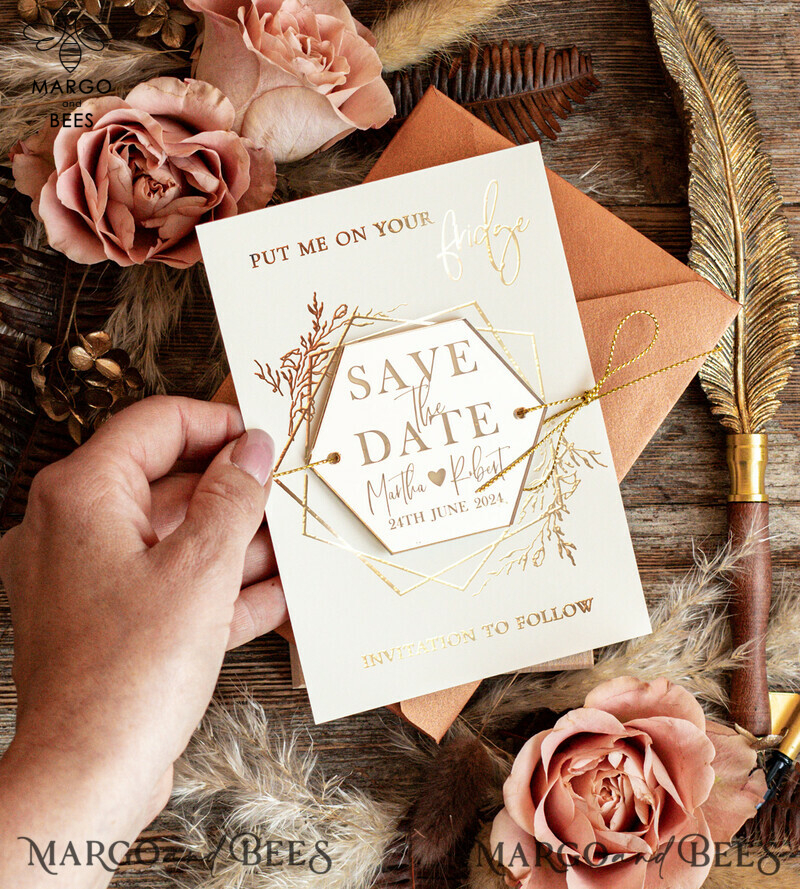 Elegant Gold Terracotta Wedding Save the Dates: Personalised Acrylic Magnets & Boho Cards-3