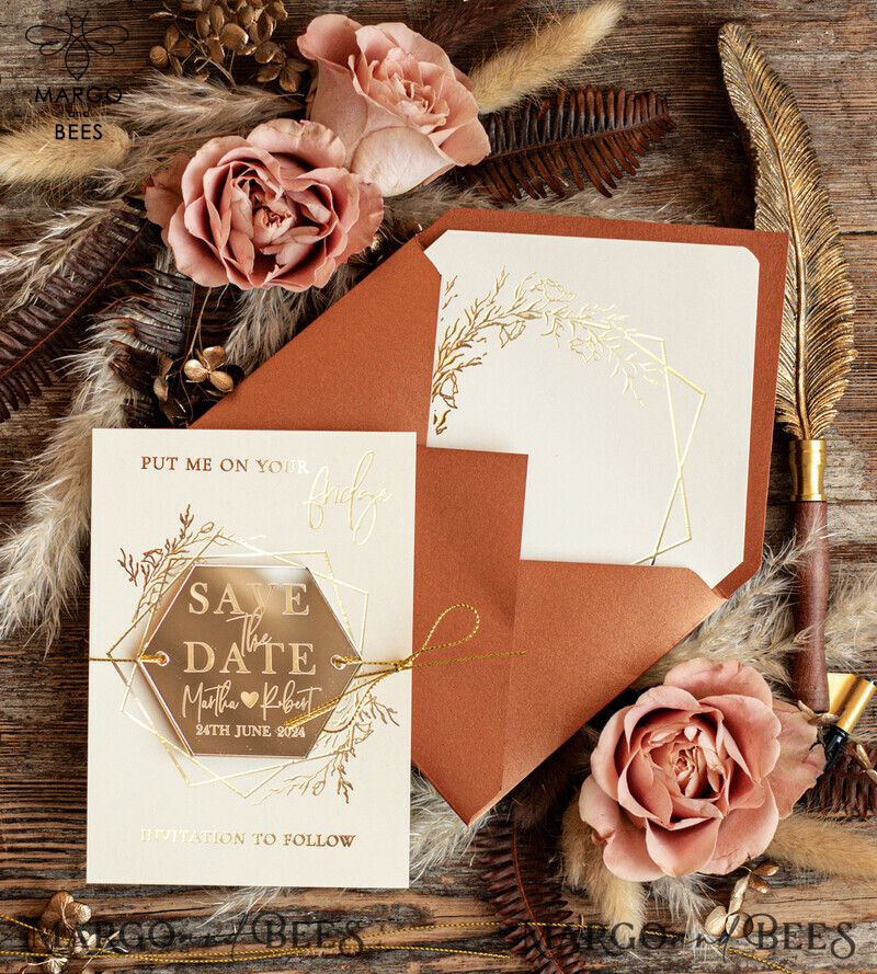 Elegant Gold Terracotta Wedding Save the Dates: Personalised Acrylic Magnets & Boho Cards-4