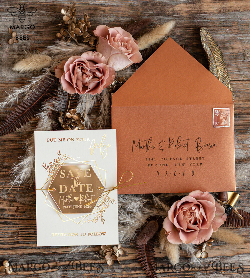 Elegant Gold Terracotta Wedding Save the Dates: Personalised Acrylic Magnets & Boho Cards-6