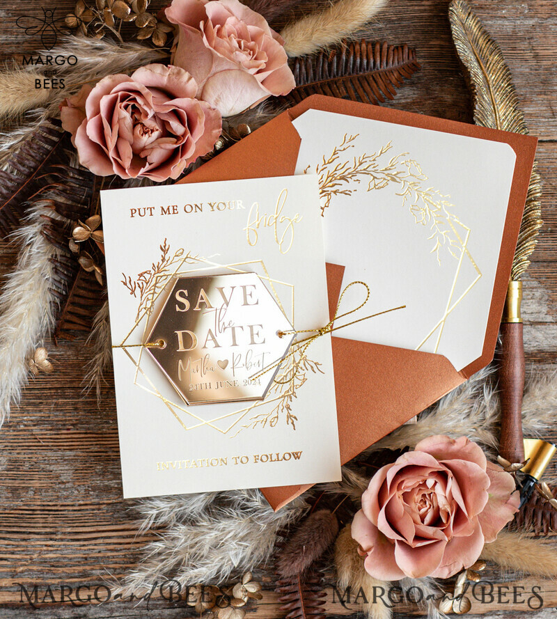 Elegant Gold Terracotta Wedding Save the Dates: Personalised Acrylic Magnets & Boho Cards-7